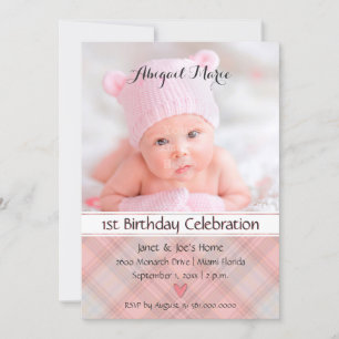 Baby Girl Pretty in Pink Plaid Birthday Invitation