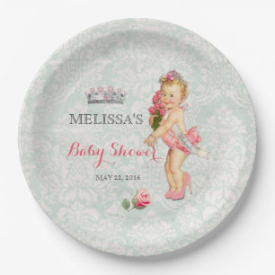 Baby Girl Princess Tiara Roses Damask Paper Plate