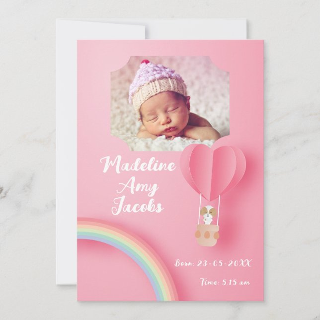 Baby Girl Puppy Birth Date Photo Announcement  (Front)