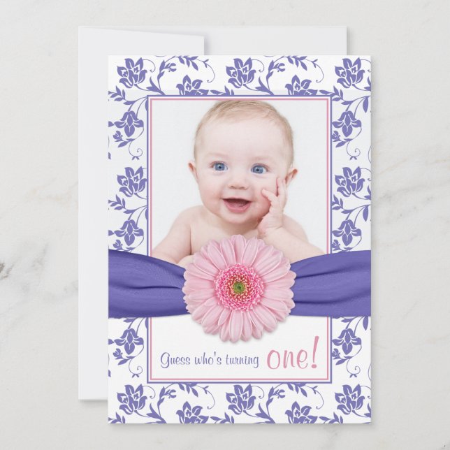 Baby Girl Purple Pink Daisy Floral Photo Birthday Invitation (Front)