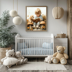 Baby Girl Reading Tan Puppy Mushrooms Poster