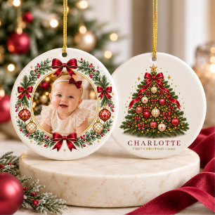 Baby Girl Red First Christmas Bow Photo Ceramic Ornament