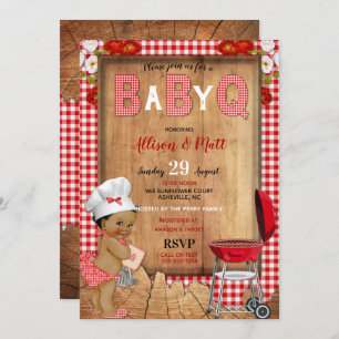 Baby Girl Red Gingham Wood Flowers Baby Q Barbecue Invitation