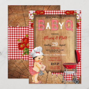 Baby Girl Red Gingham Wood Flowers Baby Q Barbecue Invitation