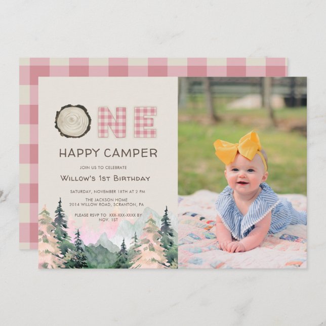 Baby Girl Rustic One Happy Camper Birthday Invitation (Front/Back)