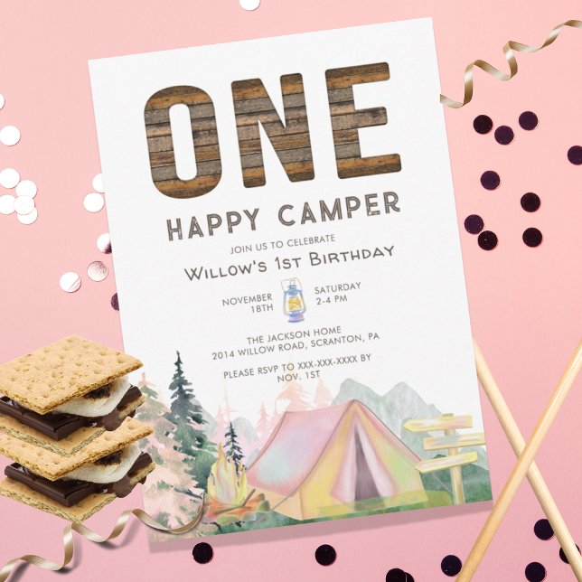 Baby Girl Rustic One Happy Camper Birthday Invitation (Creator Uploaded)