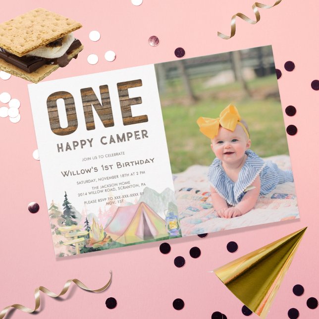 Baby Girl Rustic One Happy Camper Birthday  Invitation (Creator Uploaded)