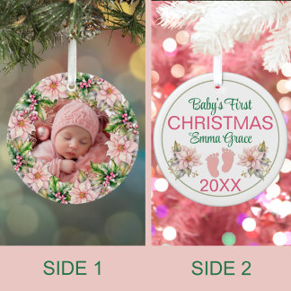 Baby Girl’s First Christmas Photo Pink Poinsettias Ceramic Ornament