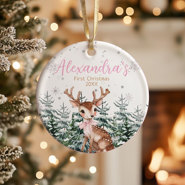 Baby Girl’s First Christmas Photo | Woodland  Ceramic Ornament (Creator Uploaded)