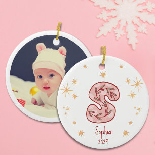Baby Girl’s First Christmas with Initial S Ceramic Ornament