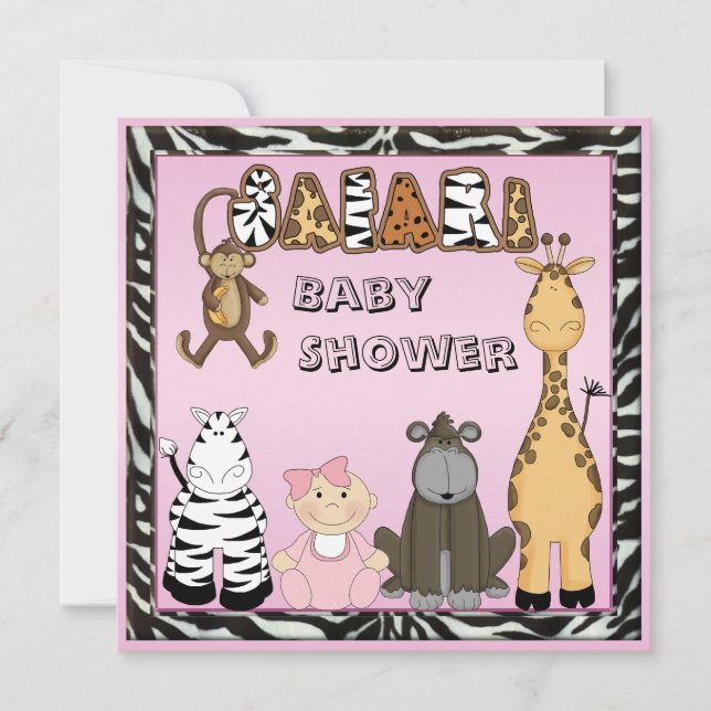 Baby Girl & Safari Animals Baby Shower Invitation (Front)