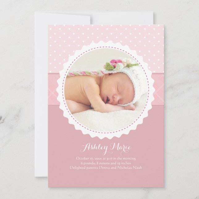 Baby Girl Scalloped Frame Photo Birth Announcement (Front)