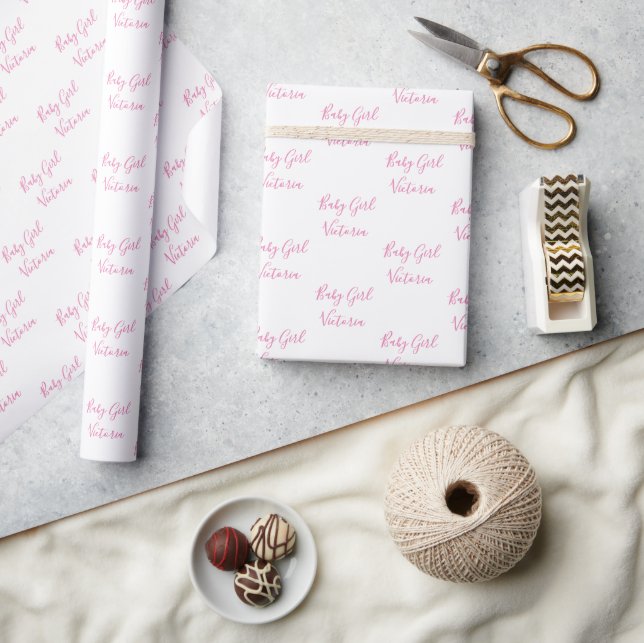 Baby Girl Script Pink Personalised Name Wrapping Paper (Crafts)