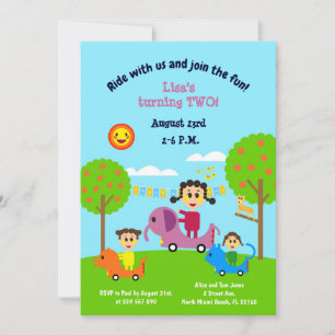 Baby girl second birthday animal electric cars  in invitation