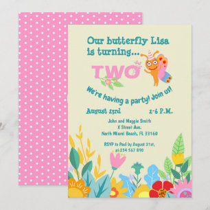 Baby girl second birthday butterfly party invitation
