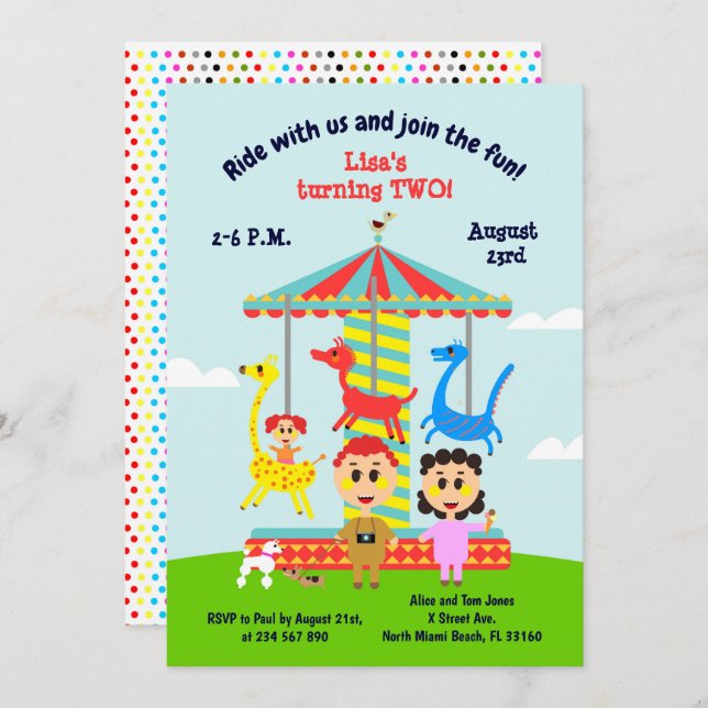 Baby girl second birthday merry-go-round party  in invitation (Front/Back)