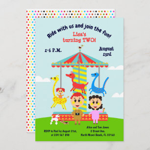 Baby girl second birthday merry-go-round party  in invitation