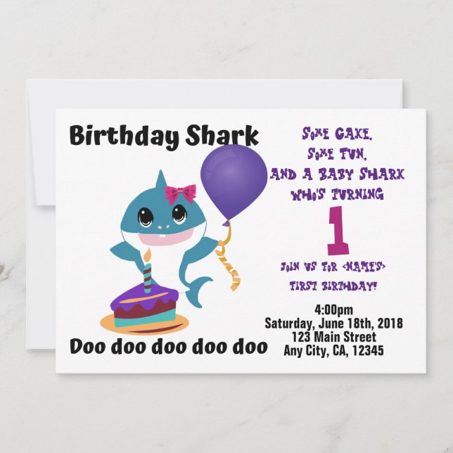 Baby Girl Shark Personalised Birthday Party Invitation (Front)