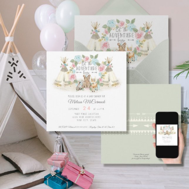Baby Girl Shower Adventure Begin Teepee Bear Deer Invitation (Creator Uploaded)