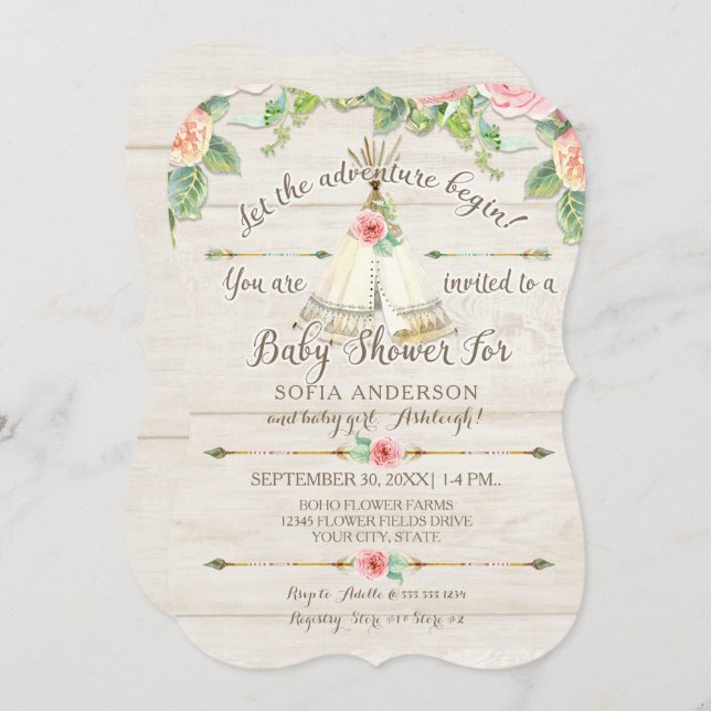 Baby Girl Shower BOHO Teepee Arrow Barn Wood Board Invitation (Front/Back)
