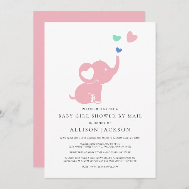 Baby Girl Shower By Mail Pink Elephant Invitation (Front/Back)