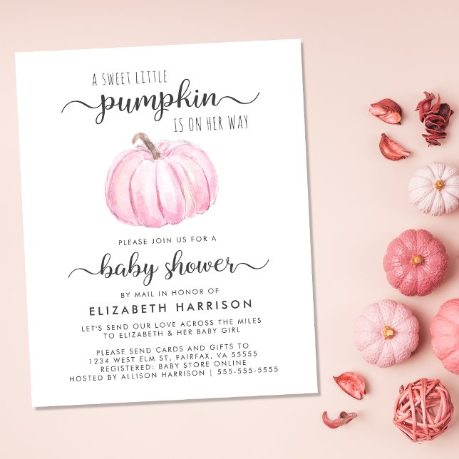 Baby Girl Shower By Mail Pink Pumpkin Invitation (Celebrate the upcoming arrival of your little autumn baby with a pumpkin-themed baby shower by mail)