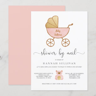 Baby Girl Shower by Mail Retro Carriage Pink Gold Invitation
