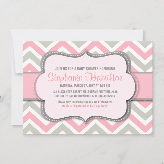 Baby girl shower colourful chevron invitation (Front)