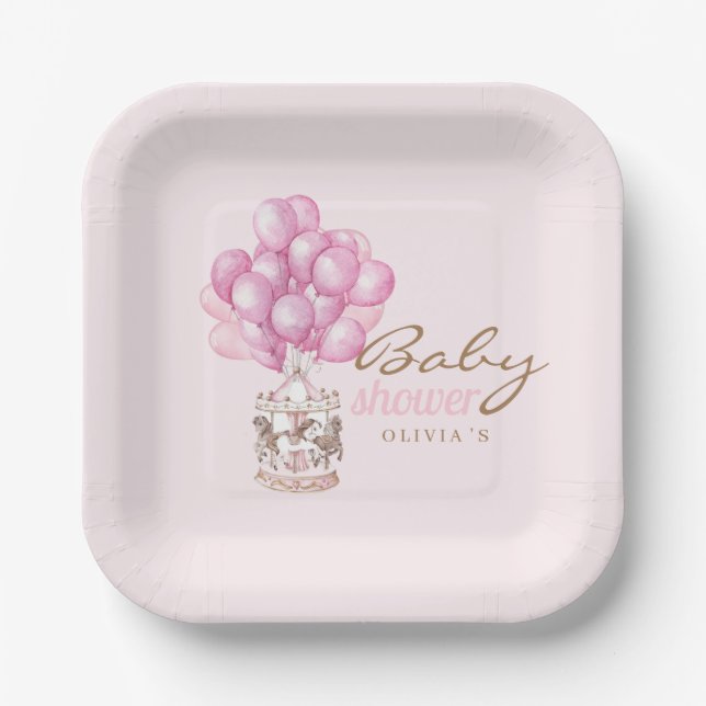  Baby Girl Shower Cute Balloon Carrousel Stylish Paper Plate (Front)