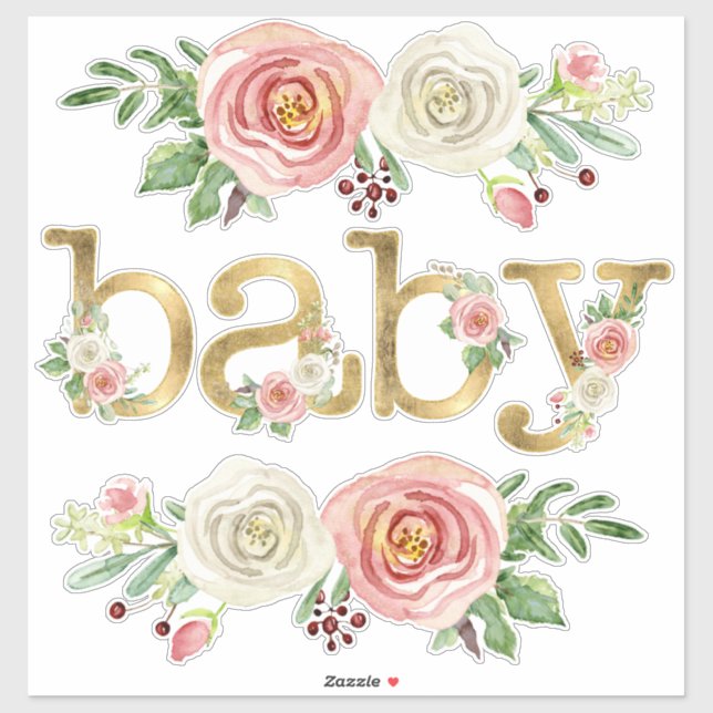Baby Girl Shower Decor Watercolor Floral w Gold (Sheet)