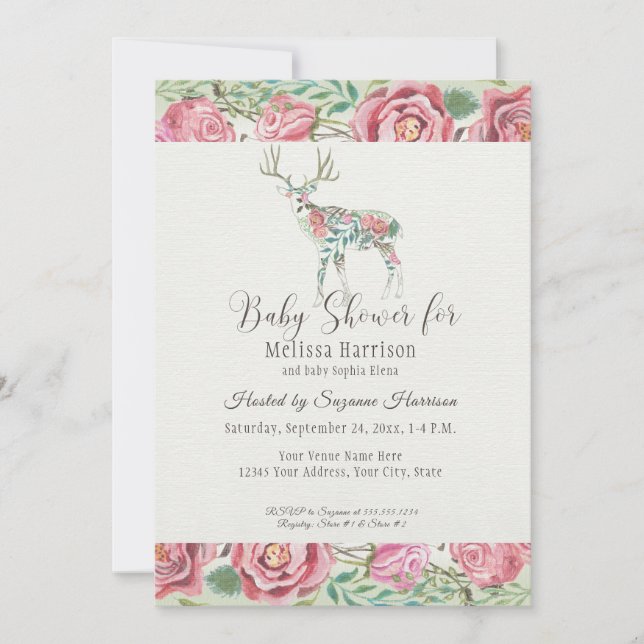 Baby Girl Shower Elegant Floral Rose Deer Antlers Invitation (Front)
