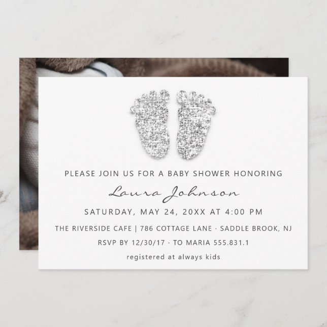 Baby Girl Shower Feet Glitter White Grey Photo Invitation (Front/Back)