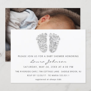Baby Girl Shower Feet Glitter White Grey Photo Invitation