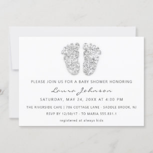Baby Girl Shower Feet Glitter White Grey Photo Invitation