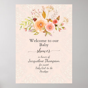 Baby Girl Shower Floral Damask Watercolor Welcome Poster