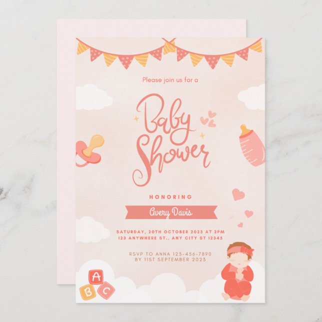 baby girl shower invitation cute (Front/Back)