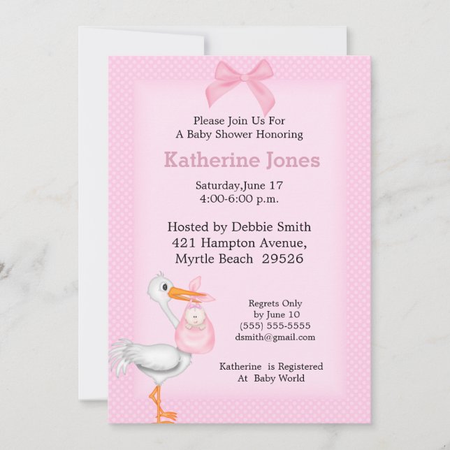 Baby Girl Shower Invitation(Stork) Invitation (Front)