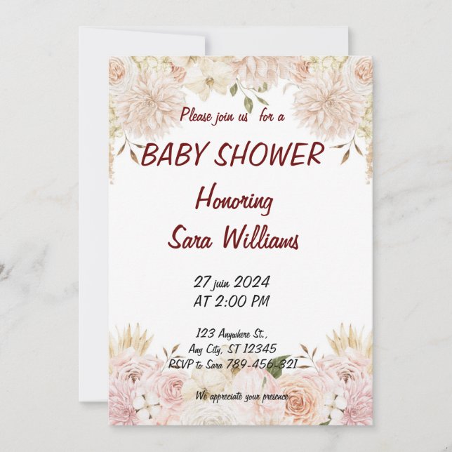 baby girl shower invitations floral (Front)