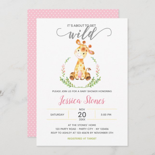 Baby Girl Shower Invitations Giraffe Jungle Animal (Front/Back)