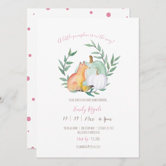 Baby Girl Shower Invitations Watercolor Fox  (Front/Back)