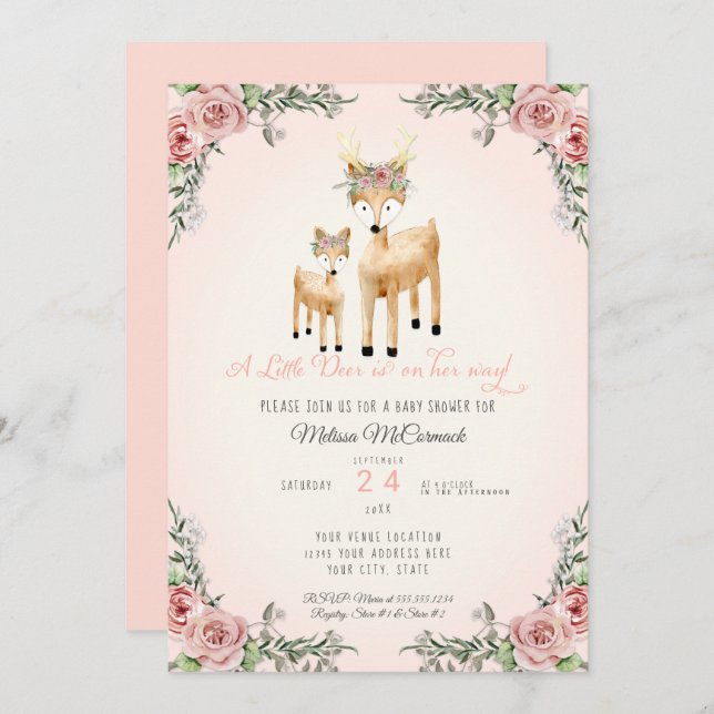 Baby Girl Shower Little Deer Antler Roses Floral Invitation (Front/Back)