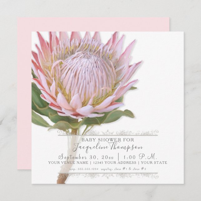 Baby Girl Shower Modern Elegant King Protea Flower Invitation (Front/Back)