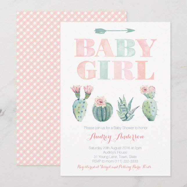 Baby Girl Shower or Sprinkle with Desert cacti Invitation (Front/Back)