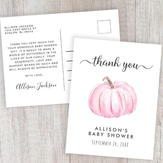 Baby Girl Shower Pink Pumpkin Thank You Postcard (Creator Uploaded)