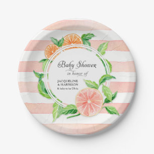 Baby Girl Shower Pink Striped Citrus Orange Art Paper Plate