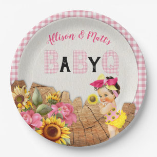 Baby Girl Shower Pink Sunflower Baby Q Barbeque Paper Plate