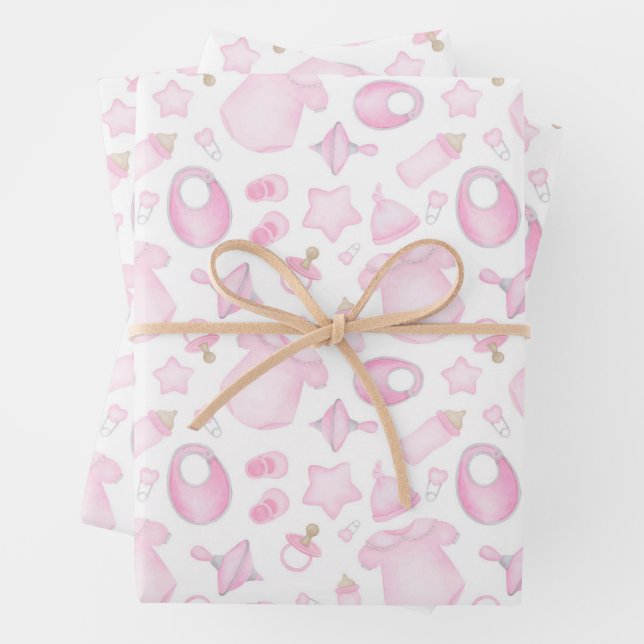 Baby Girl Shower Pink Wrapping Paper Sheet (In situ)