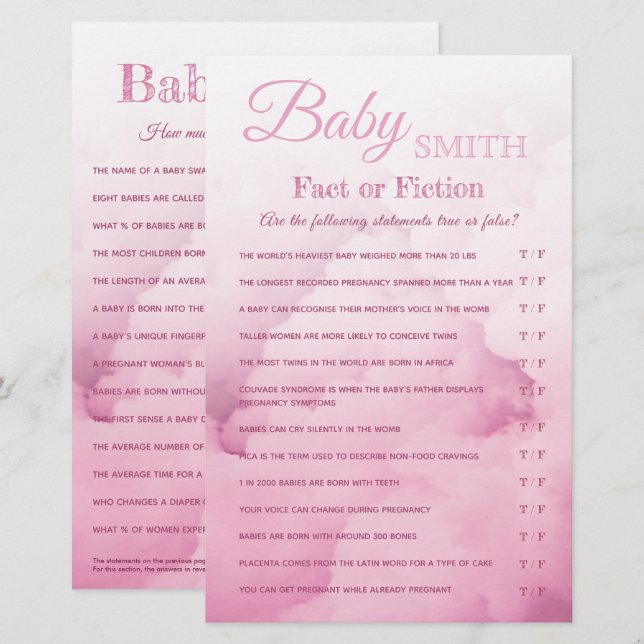 Baby Girl Shower Quiz Fact or Fiction Trivia game (Front/Back)