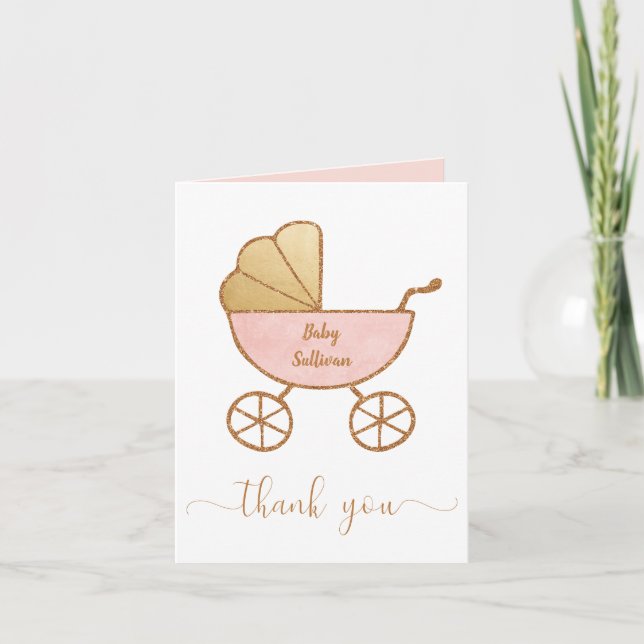 Baby Girl Shower Retro Carriage Pink Gold Thank You Card (Front)