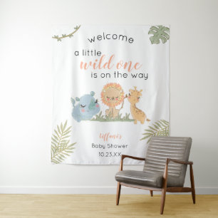 Baby Girl Shower Safari Animals Backdrop Sign Tapestry